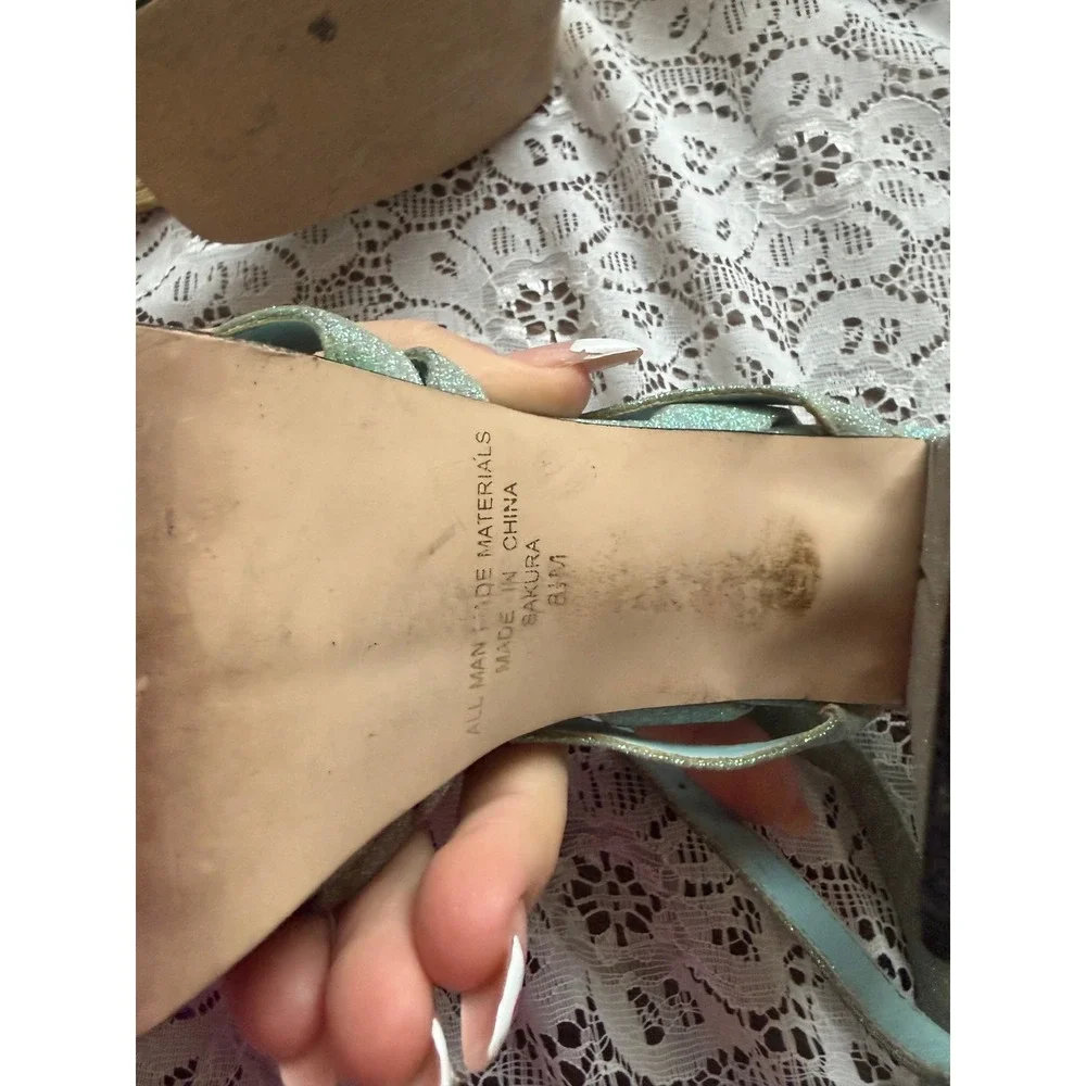 Ellemenno Sakura Vintage Light Blue Glitter Platform Block Heel Sandals‎ 8M
